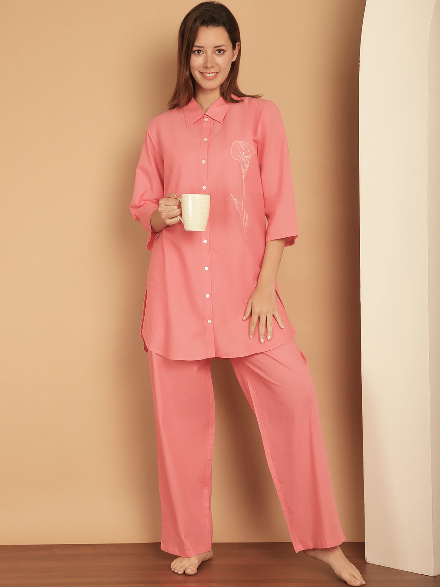 Kanvin Peach Cotton Embroidered Shirt Pyjamas Set