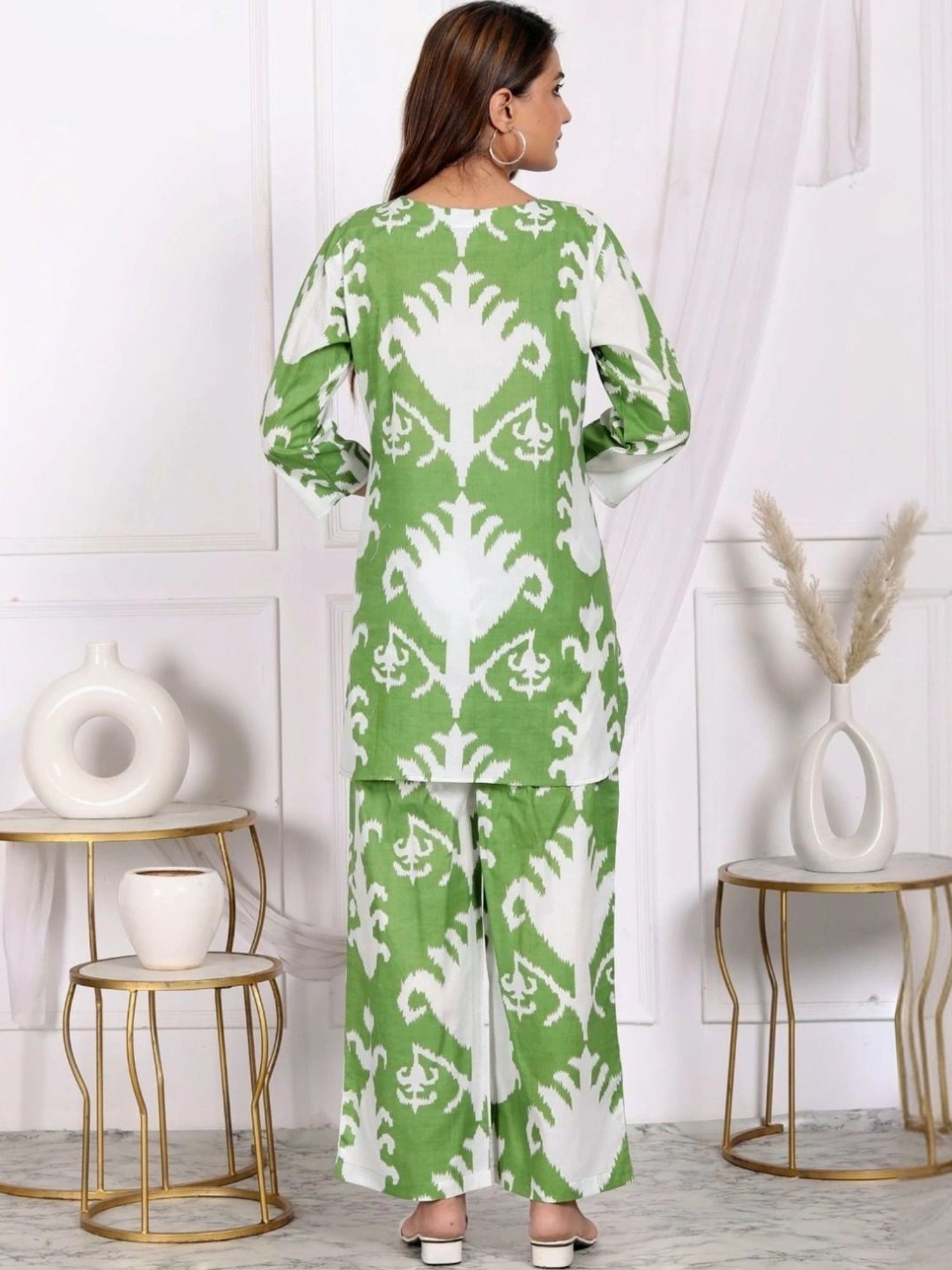 Kaftanize Sage Green Abstract Printed Cotton Short Tunic with Pant