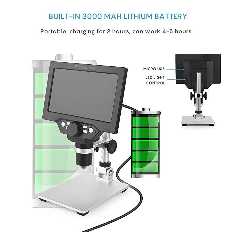 Digital USB Microscope 7 inch HD Screen 1200X Magnification Camera Video Recorder with Rechargeable Battery,8 LED Lights for Soldering PCB Circuit Board Repair Coins Insect