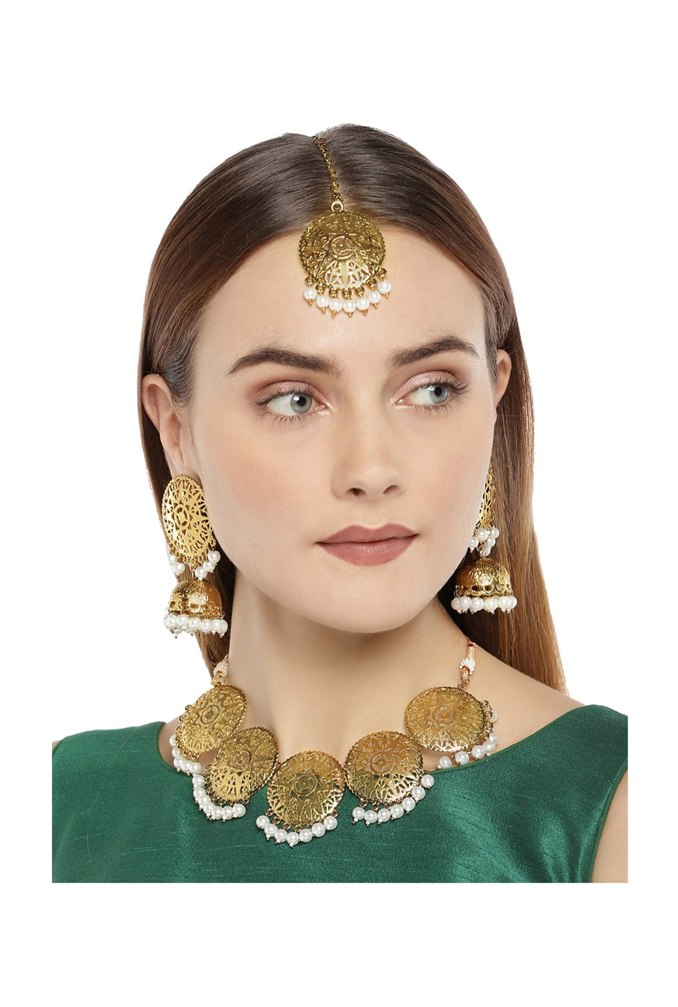 Zaveri Pearls Golden & Pearl White Alloy Necklace Set