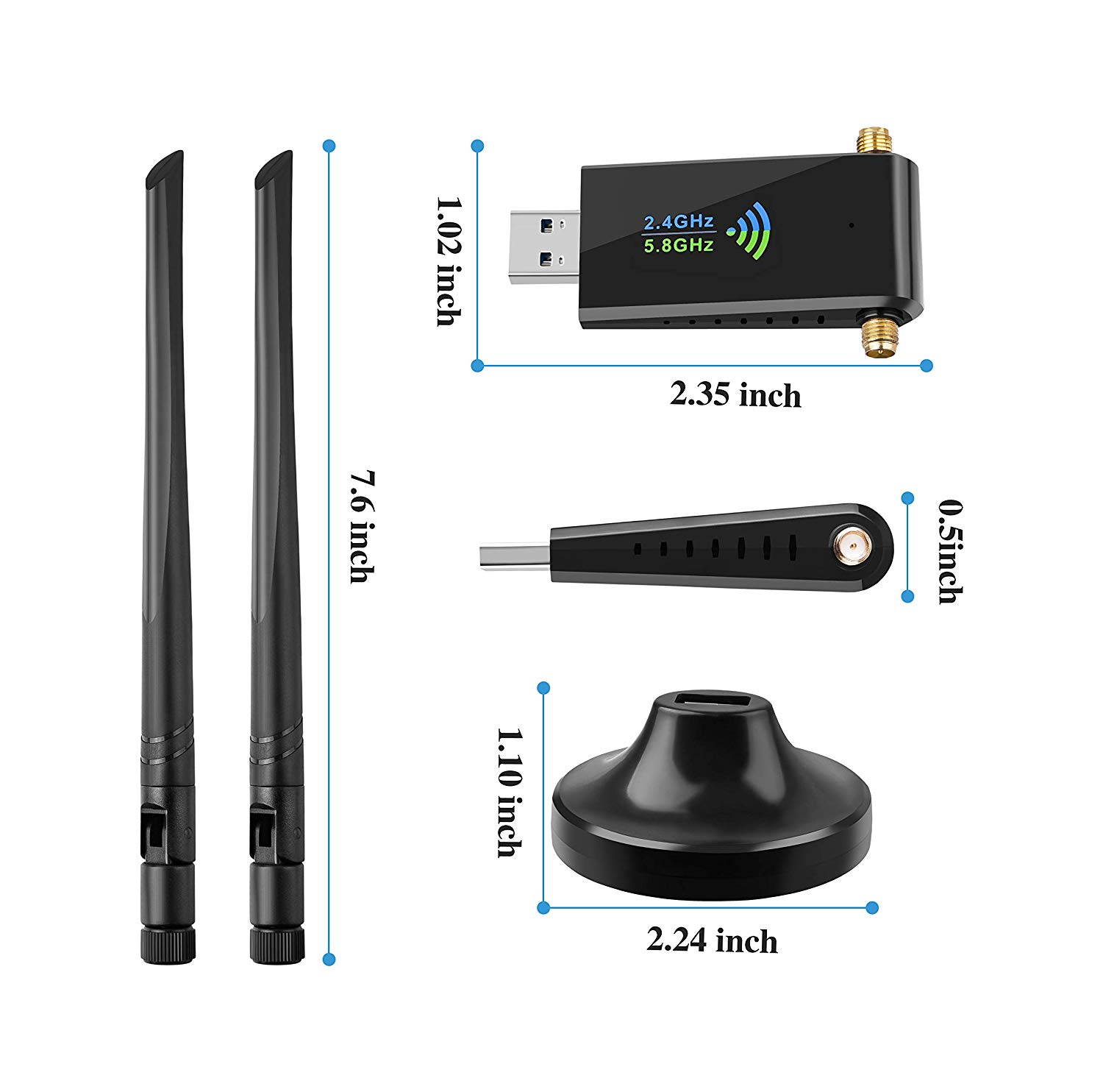 2020 1750Mbps Wireless USB Wifi Adapter, AC1750 Dual Band 2.4GHz/450Mbps 5GHz/1300Mbps wifi Lan Card,802.11 ac/a/b/g/n, Dual High Gain Dual 5dBi Antennas Network dongle for Windows XP/7/8/10,MAC OS X