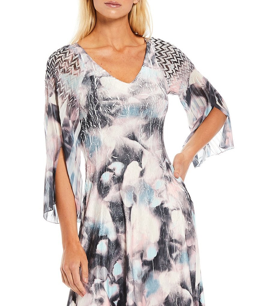 Komarov V-Neck 3/4 Bell Sleeve Floral Printed Charmeuse A-Line Midi Dress