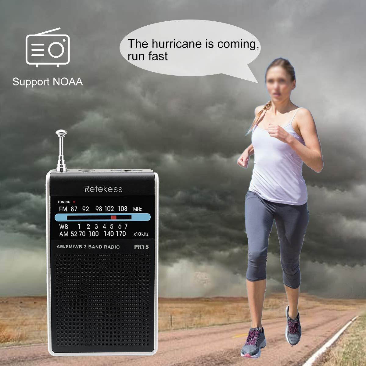 Retekess PR15 Weather Radio NOAA Emergency Radio with AM FM Transistor Analog Radio Support Headphone Jack 2AAA Battery Hand Strap (Silver Black)