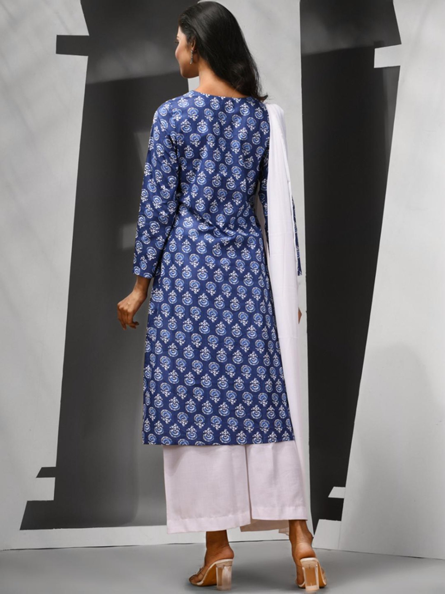 Charukriti Blue & White Cotton Floral Print Kurta Palazzo Set With Dupatta