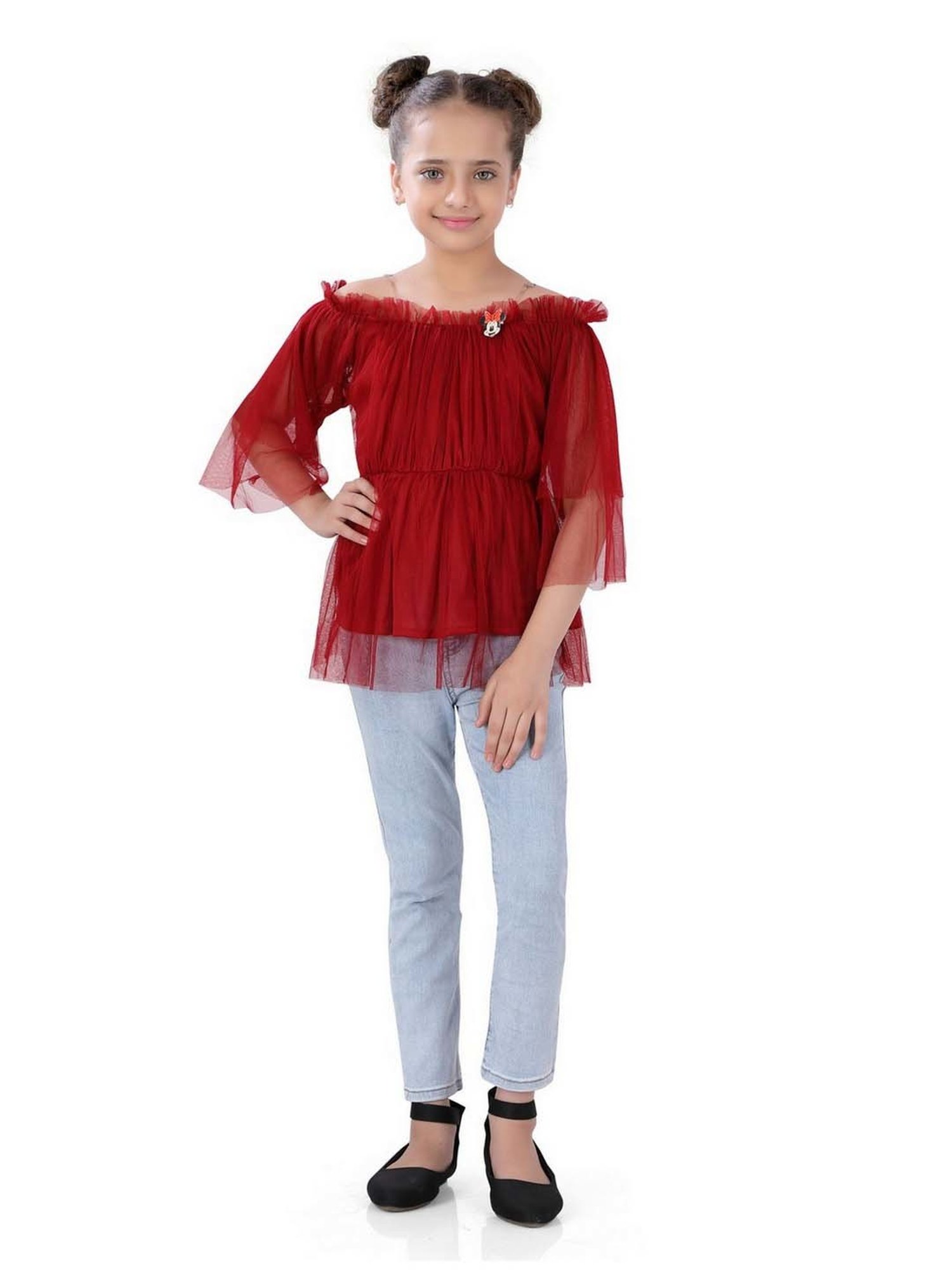 poplins Kids Maroon Cotton Embellished Top