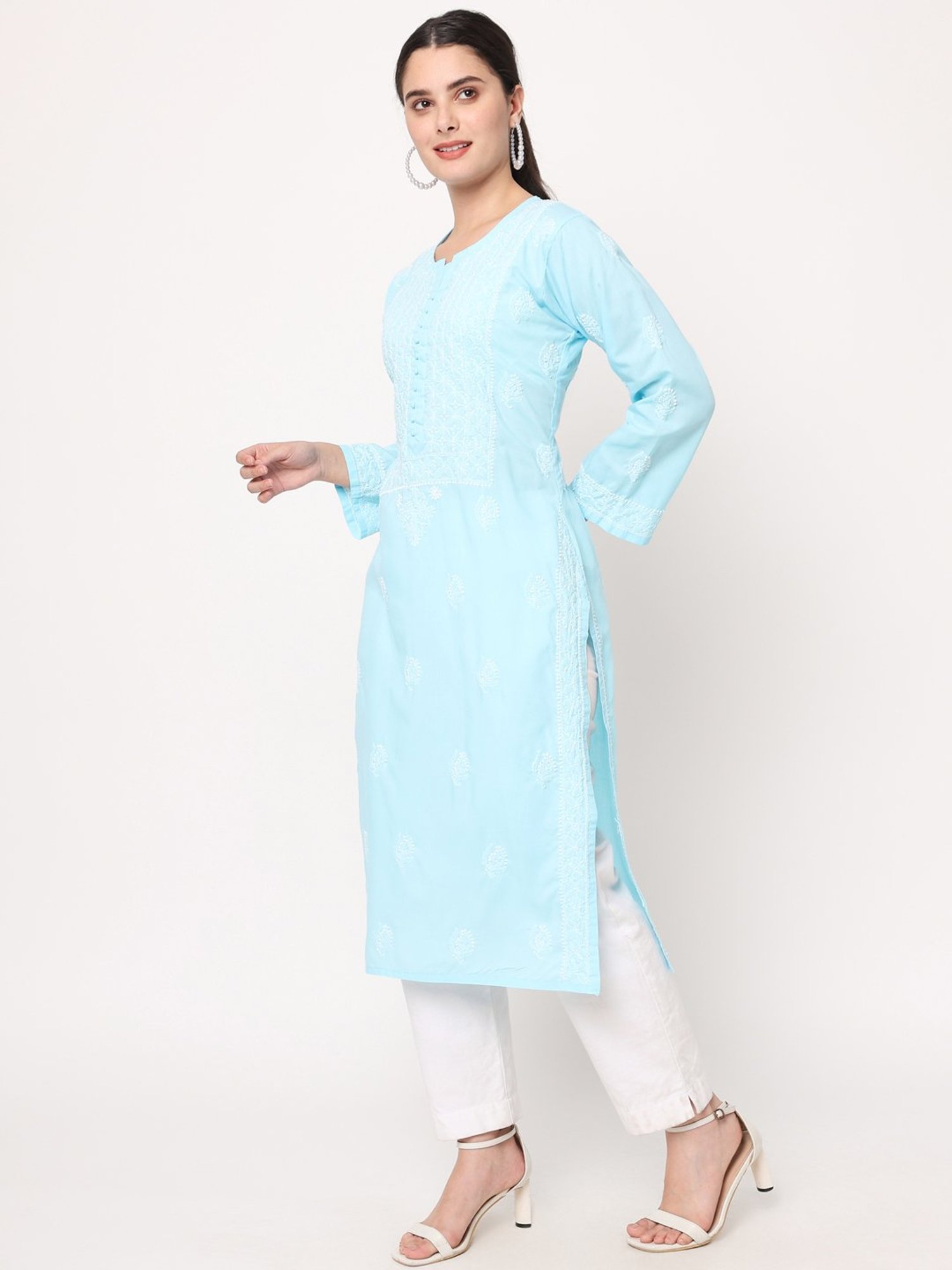 PARAMOUNT CHIKAN Turquoise Cotton Chikankari Straight Kurta