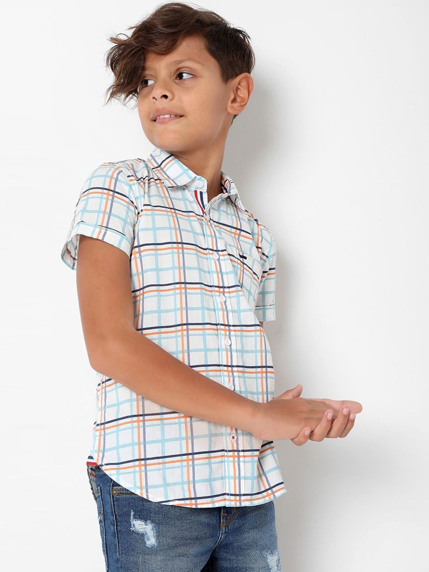 Gas Kids White & Orange Cotton Chequered Shirt