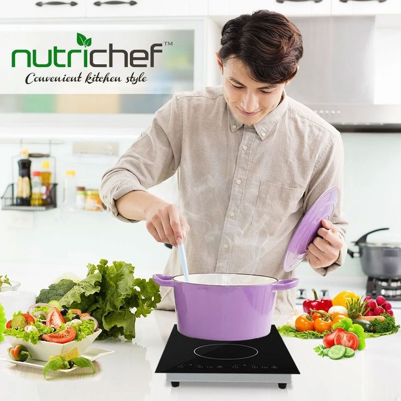 NutriChef 1800 Watt Adjustable Temperature Electric Dual Induction Double Countertop Cooktop Burner with Digital Controls and Countdown Timer, Black