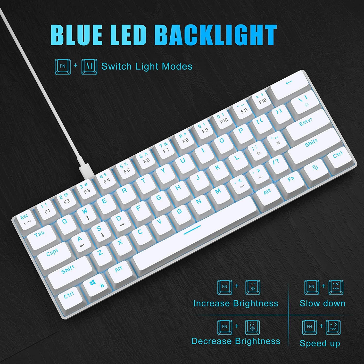 MageGee MK-Mini 60% Mechanical Gaming Keyboard, 61 Keys TKL Compact Gaming Keyboard with Blue Switches, Portable Blue LED Backlit USB Type-C Wired Office Keyboard for PC Laptop Computer, White