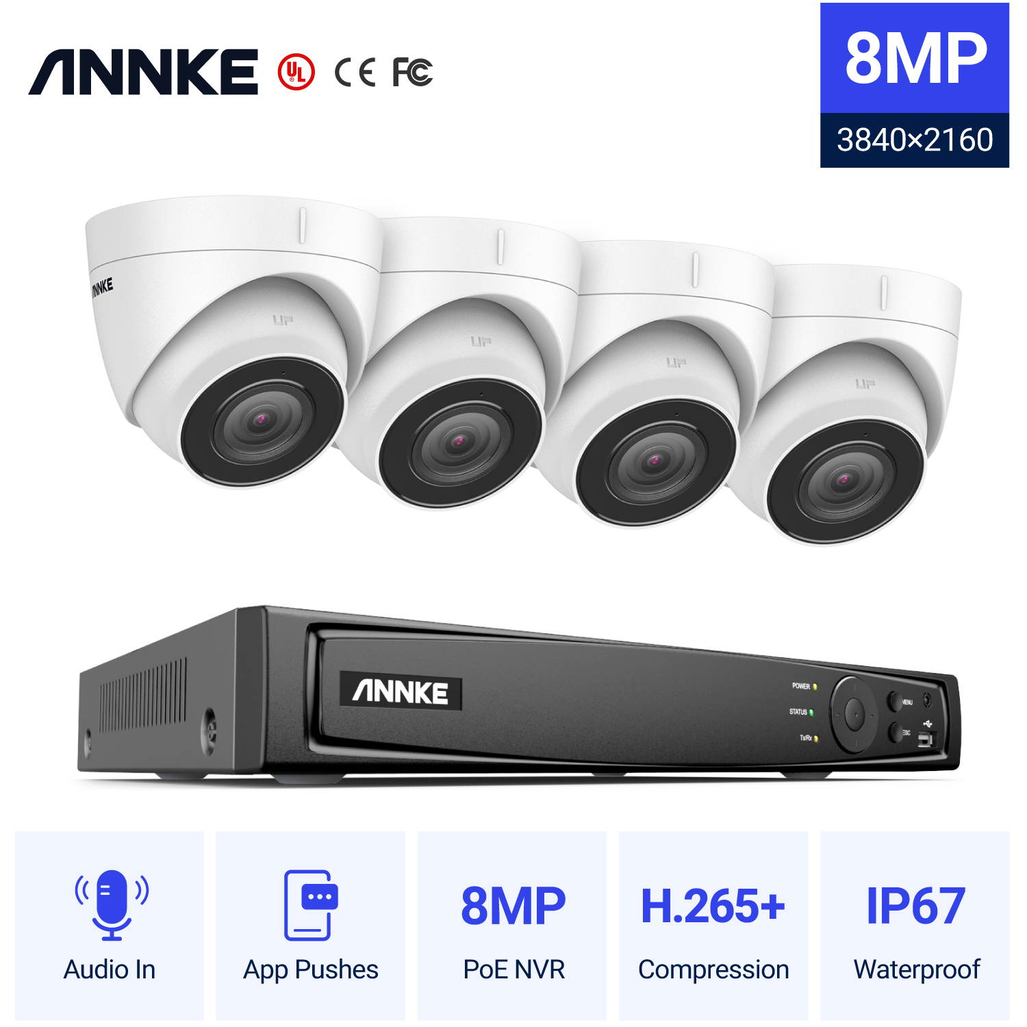 ANNKE 8MP 4K Ultra HD PoE ONVIF 8CH NVR Security Camera System with H.265+ Coding 4K Wired HD Outdoor Indoor IP67 Weatherproof Cameras Supports 256 GB TF Card Remote Access 4 Camera - No Hdd