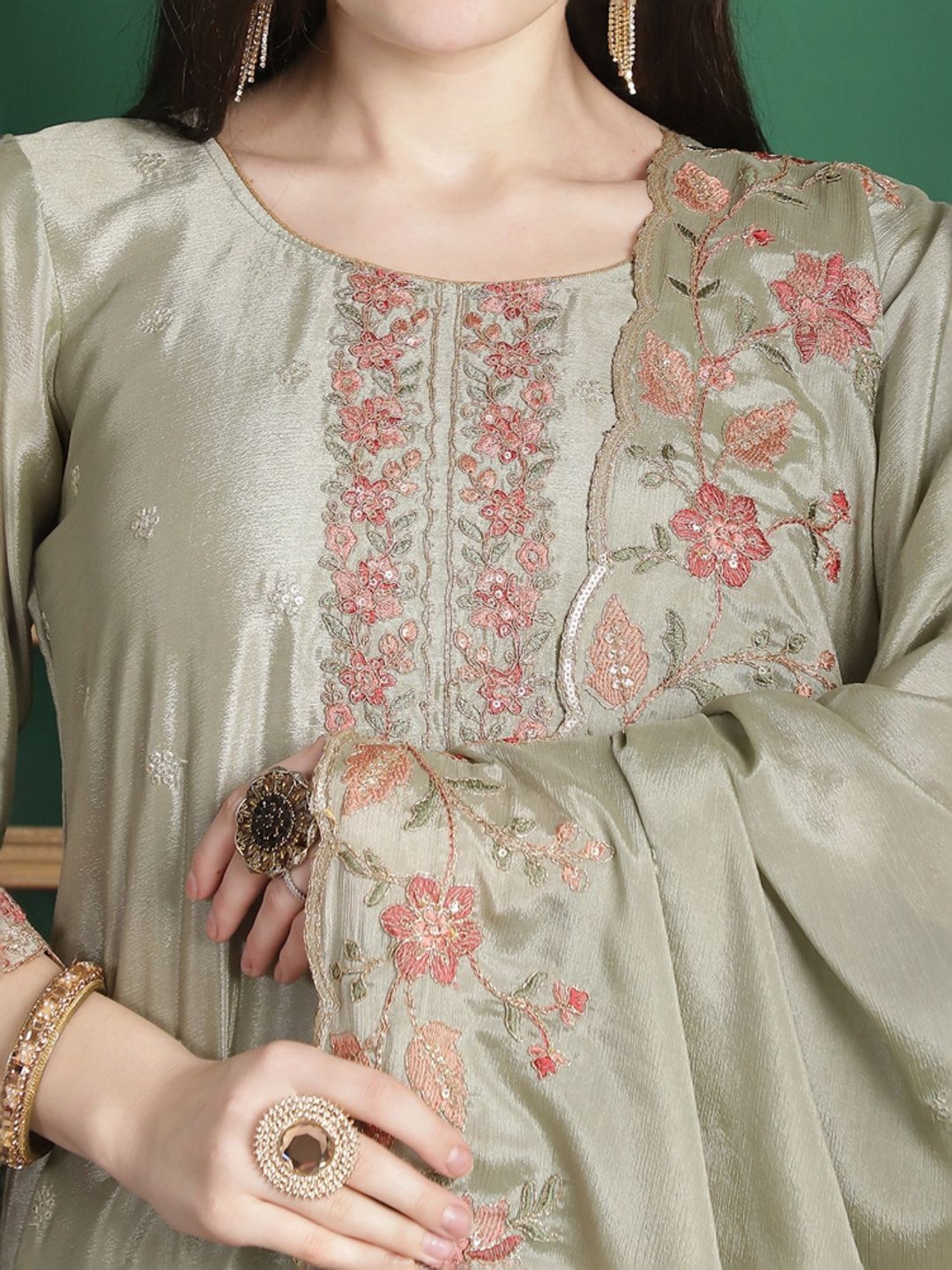 Stylee LIFESTYLE Olive Green Embroidered Unstitched Dress Material