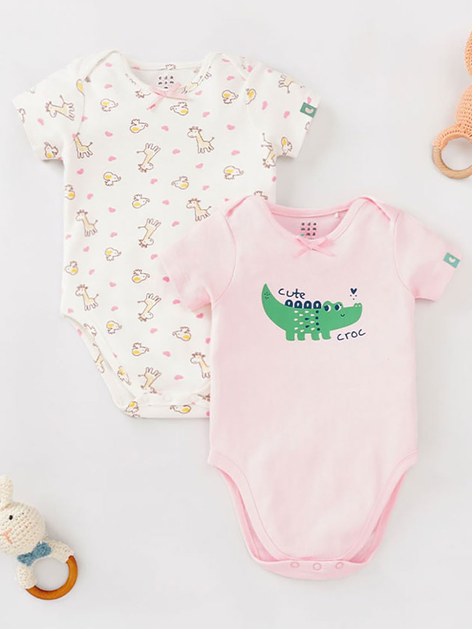 Ed-a-Mamma Baby Pink & White Printed Bodysuit (Pack Of 2)