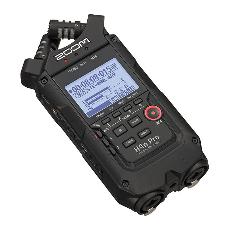 H4n Pro 4-Track Portable Recorder, All Black, Stereo Microphones, 2 XLR/ &frac14;&ldquo; Combo Inputs, Battery Powered, for Stereo/Multitrack Recording of Music, Audio for Video, and Podcasting