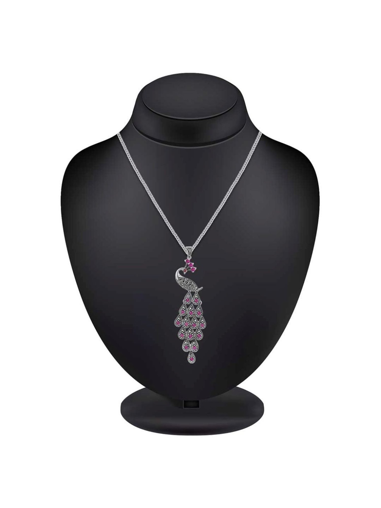 Rihi by P.C. Chandra Jewellers 925 Silver Pink Stone Peacock Pendant with Earring Set for Women