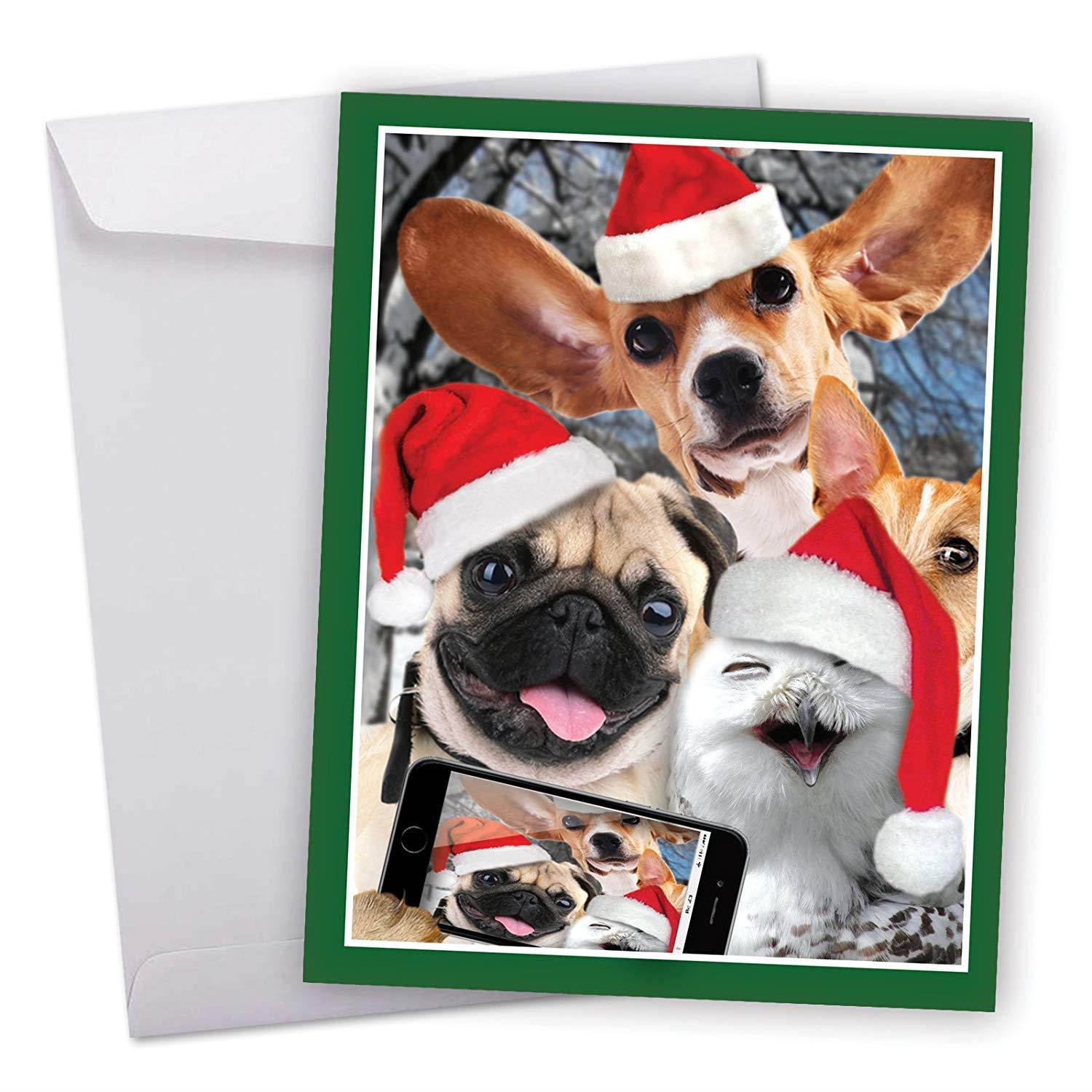Big Merry Christmas Greeting Card - 'Animal Selfies' Featuring Cute Animal Friends Taking Picture of Themselves With Envelope (Large Size: 8.5" x 11") - Funny Holiday Greetings Card J2373CXSG