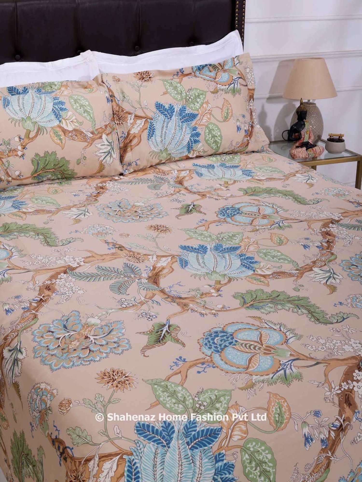Shahenaz Beige & Blue 300 TC Cotton Magnolia Vine Luxury Double Bedsheet with 2 Pillow Covers