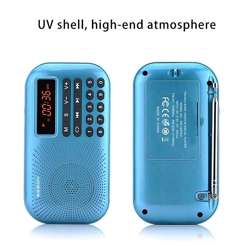 RM-155Pro AM FM Radio Portable Mini USB Speaker MP3 Music Player SupportMicro SD/TF Auto Scan Save LED Display USB Transmit Data and Sound Card Function, Rechargeable BL-5C Battery (Blue)