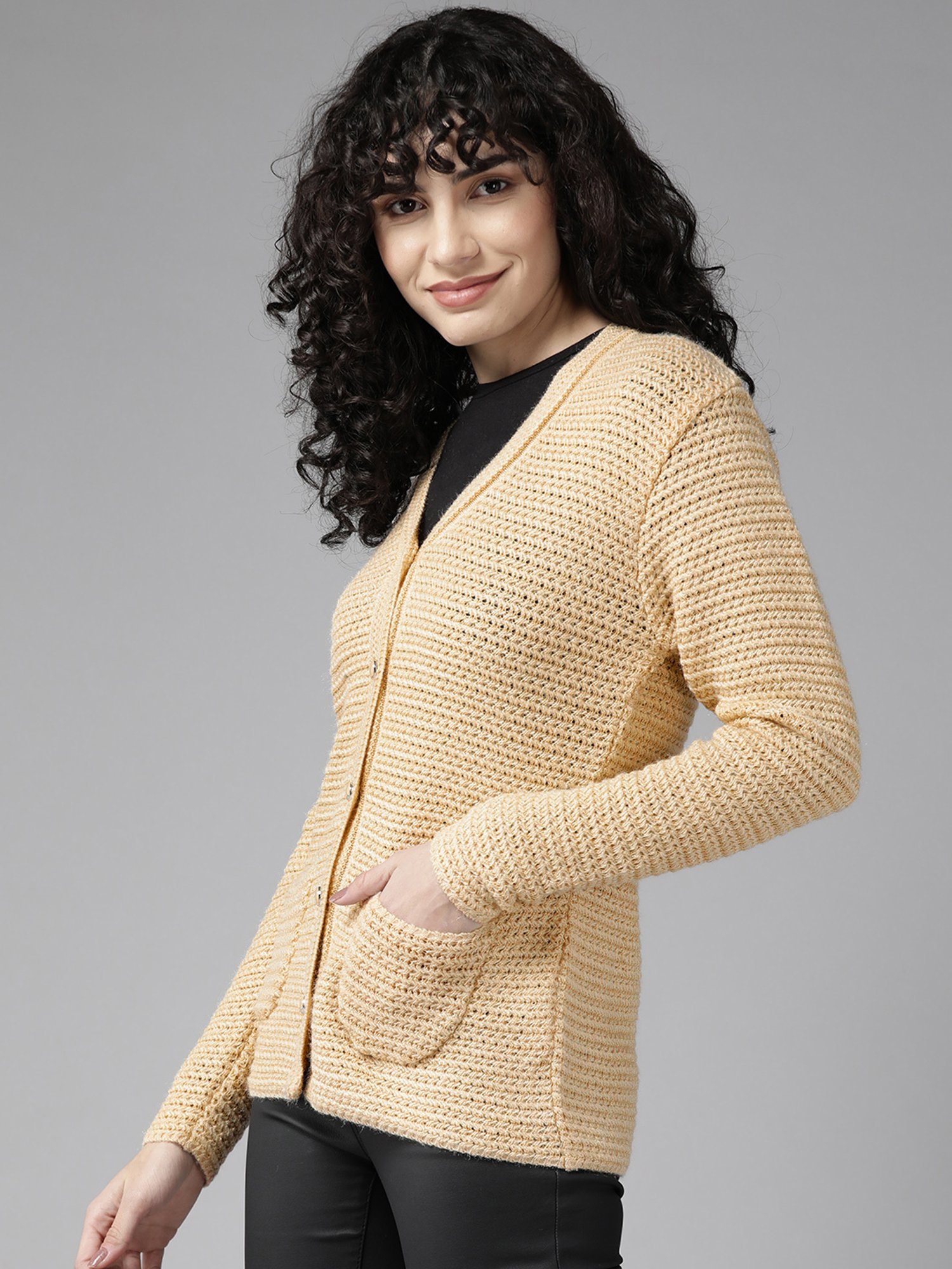 Cayman Beige Woolen Textured Cardigan