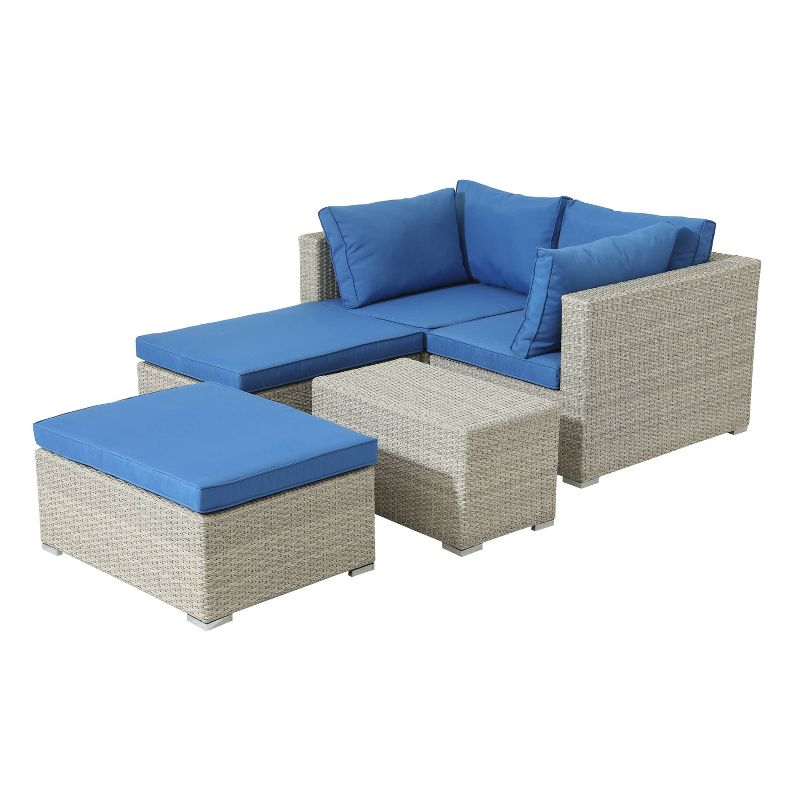 5pc Wicker Rattan Seating Set with Blue Cushions - Accent Furniture