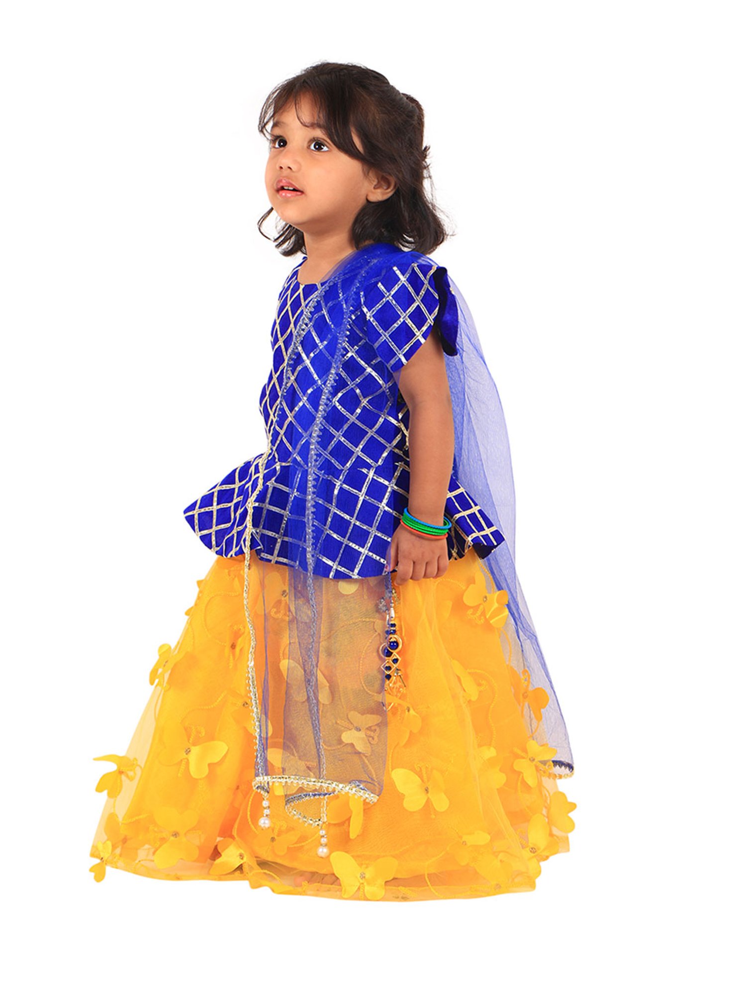 Passion Petals Kids Blue & Yellow Applique Lehenga, Choli With Dupatta