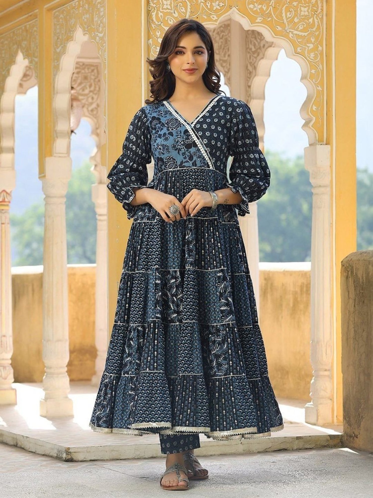 Everbloom Blue Navya Printed Angrakha Tiered Kurta With Pant