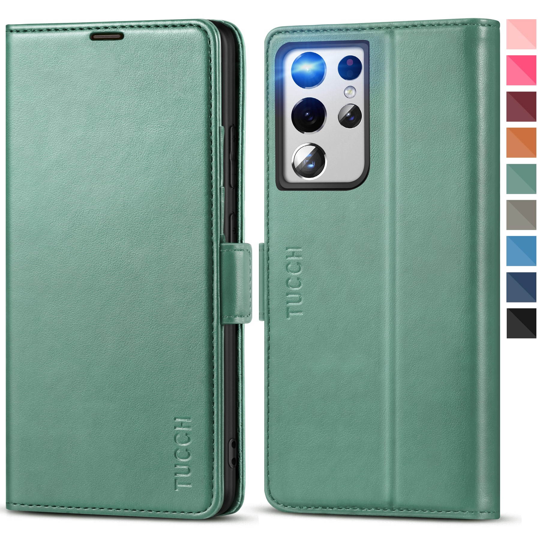 TUCCH Galaxy S21 Ultra Wallet Case, Magnetic Shockproof PU Leather Case with[Kickstand][RFID Blocking][TPU Shell] Protective Flip Cover Compatible with Galaxy S21 Ultra 5G (6.8''), Myrtle Green