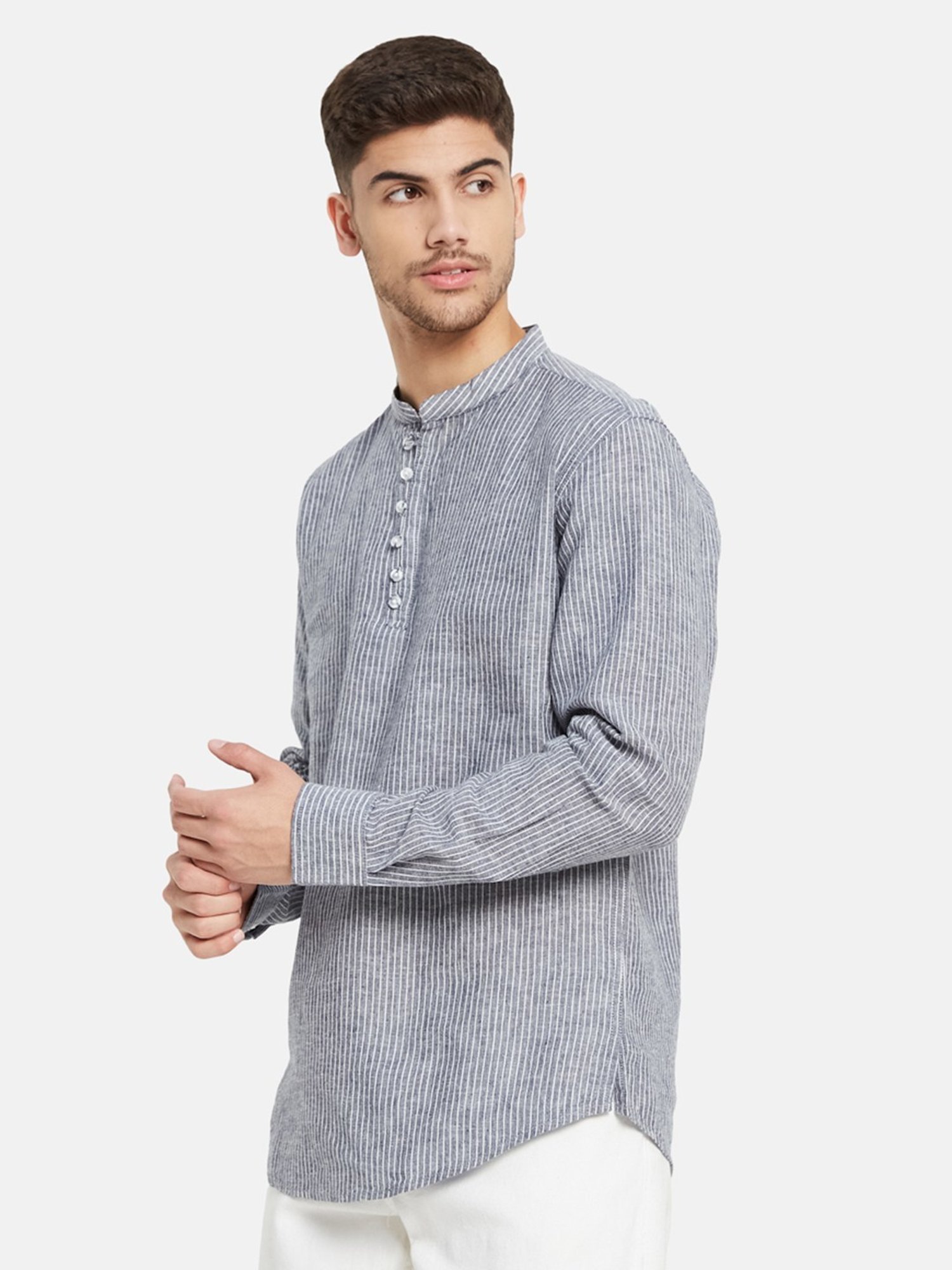 METTLE Grey Cotton Regular Fit Striped Shirt