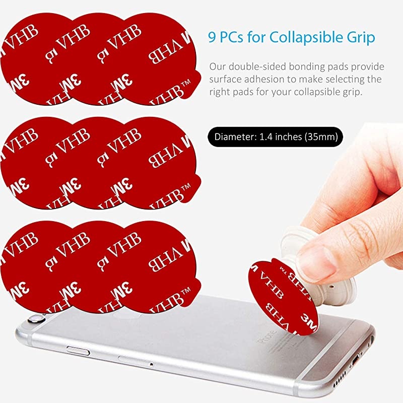 9 Pack Sticky Adhesive Compatible with Socket Base,  Double-Sided Replacement Tape for Collapsible Grip & Stand Back - 9pcs 1.4 inches(35mm) Adhesive Tapes & 6pcs Alcohol Prep Pads