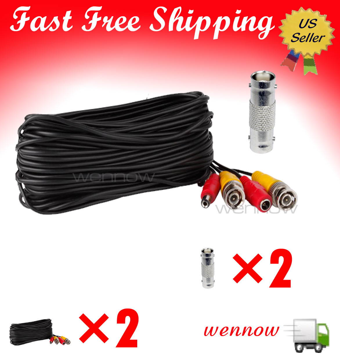 WennoW Lot 2 Zmodo 60ft Video Power Cable for Security CCTV Use W-VP1018