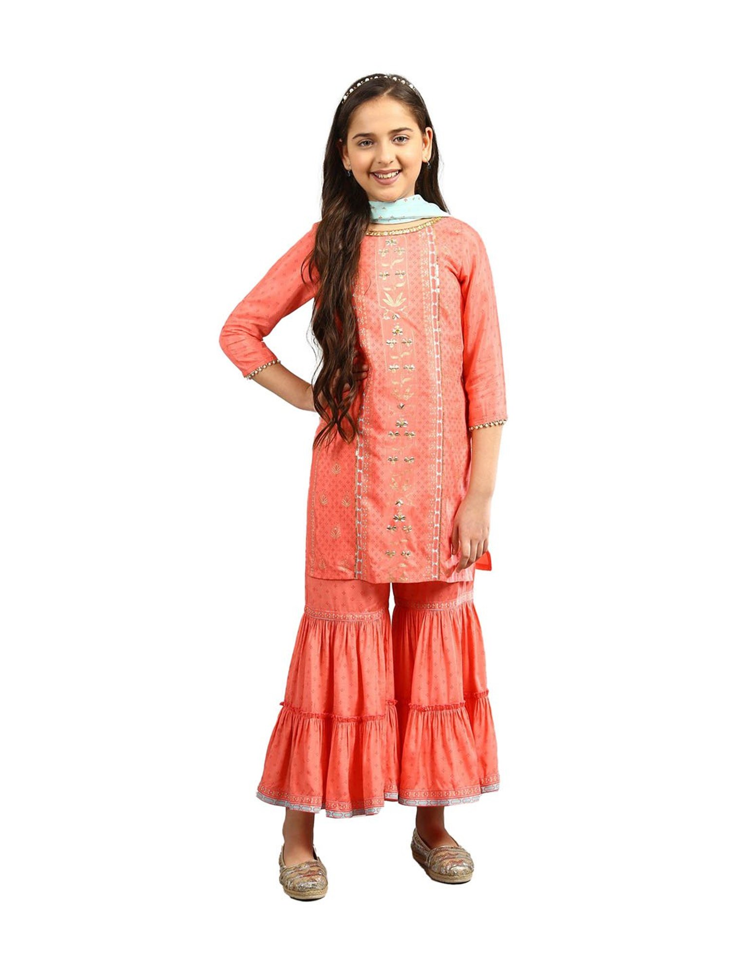 Aurelia Kids Peach & Blue Printed Kurta, Sharara with Dupatta