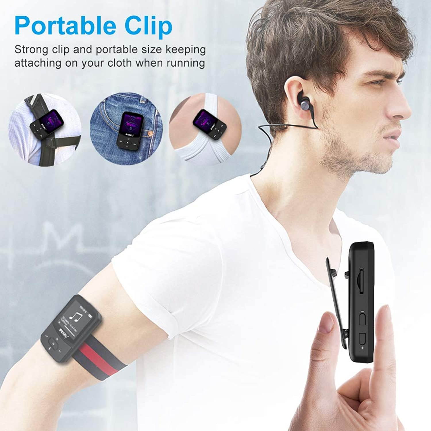Clip Mp3 Player with Bluetooth 4.1, 8GB Lossless Sound Music Player with FM Radio Voice Recorder Video Earphones for Running, Support up to 128GB(Black)