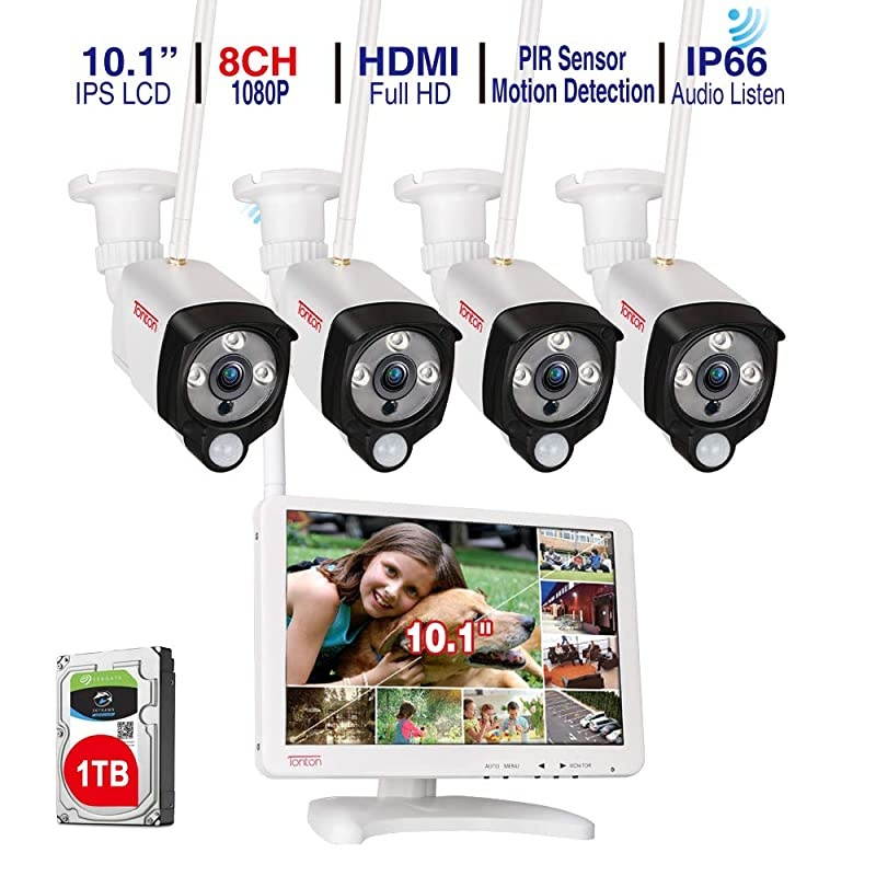 Audio Recording]  All-in-One Full HD 1080P Security Camera System Wireless with 10.1" IPS Monitor,8CH WiFi NVR,1TB HDD and 4PCS 2.0 MP Outdoor Bullet IP Cameras with PIR Sensor,Plug and Play