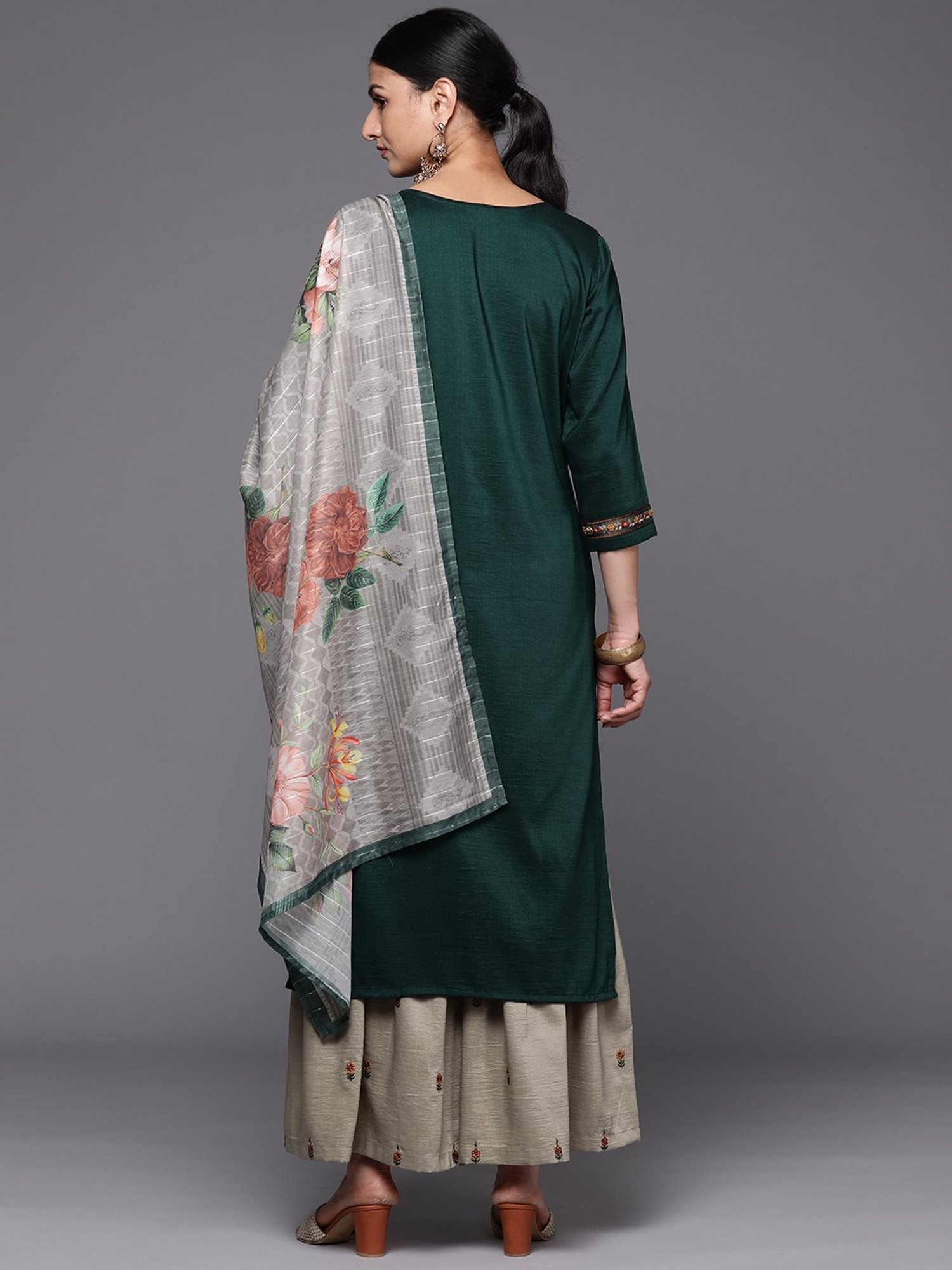 Varanga Green & Grey Embroidered Kurta Palazzo Set With Dupatta