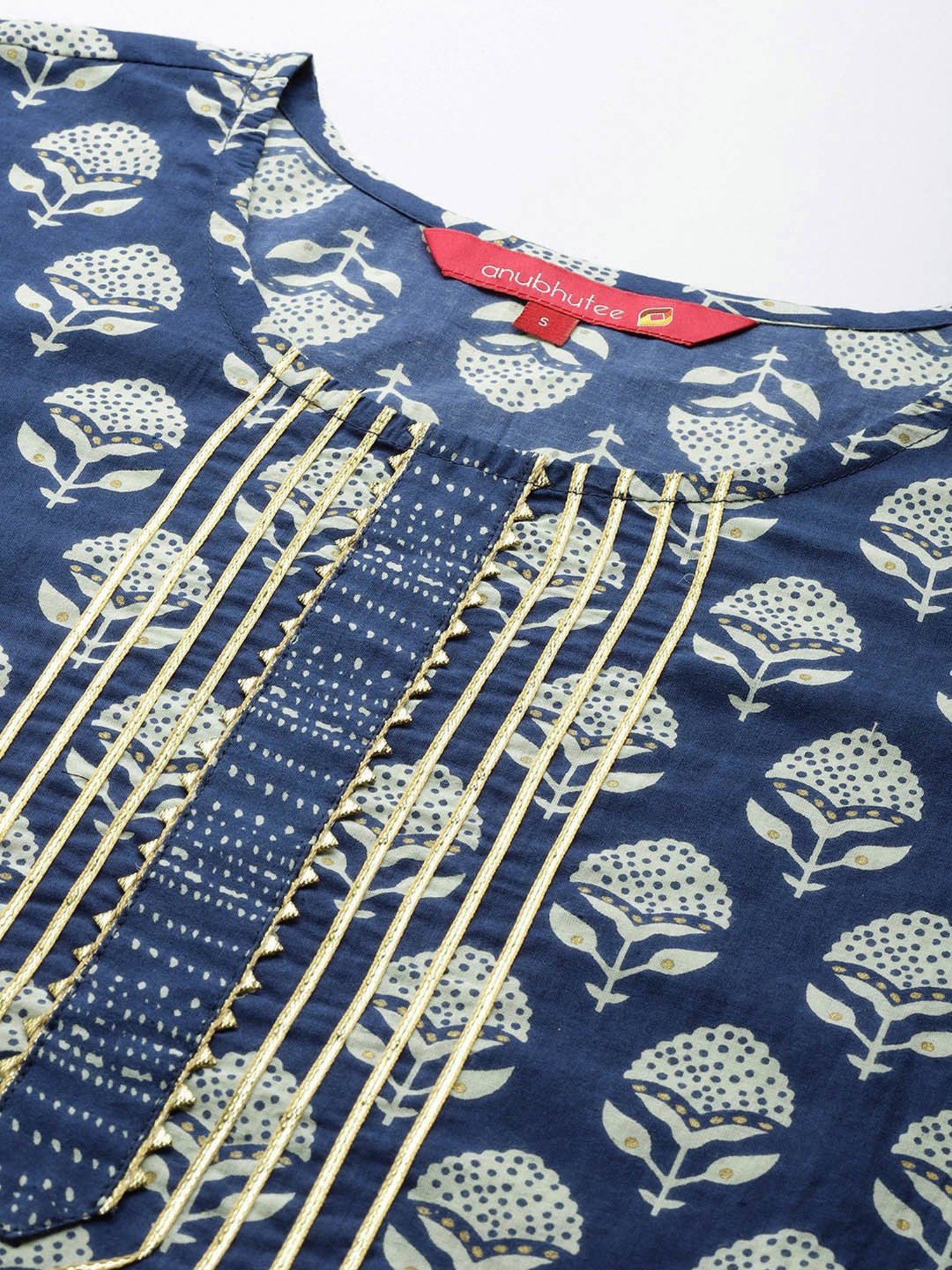 Anubhutee Blue Cotton Floral Kurta With Pants & Dupatta