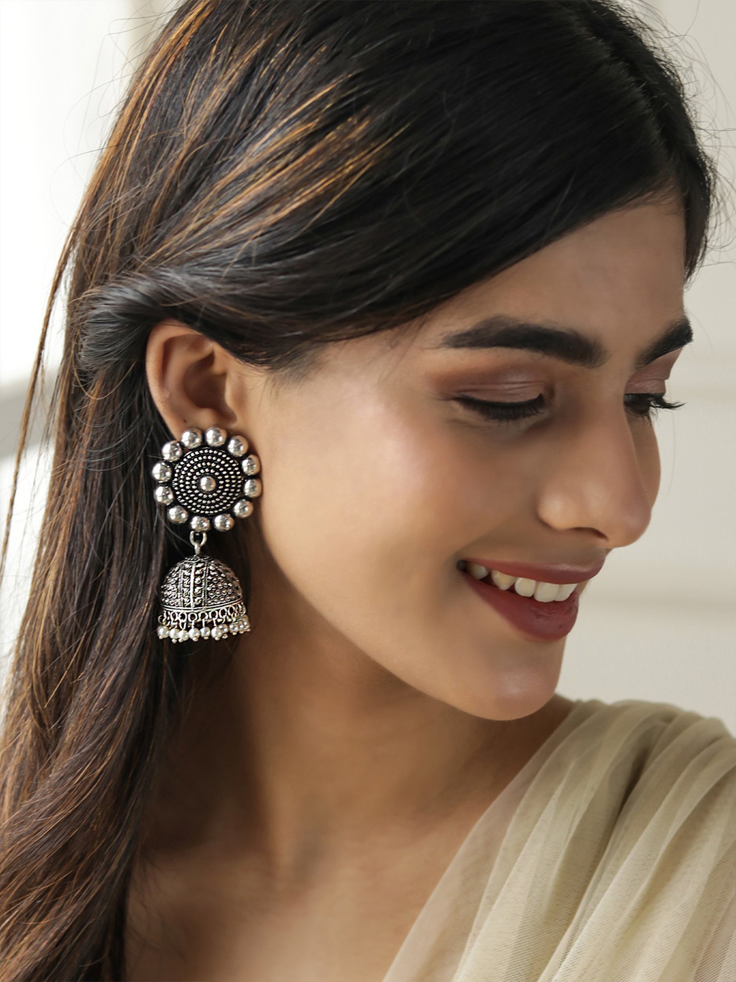 Fida Oxidized Flower Tribal Silver Jhumki