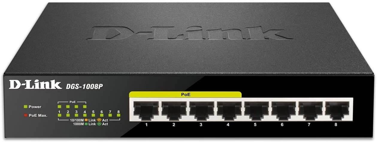 D-Link PoE Switch, 8 Port Ethernet Gigabit Unmanaged Desktop Switch,Black & Ethernet Switch, 8 Port Gigabit Unmanaged Metal Fanless Desktop or Wall Mount Design (DGS-108), Black