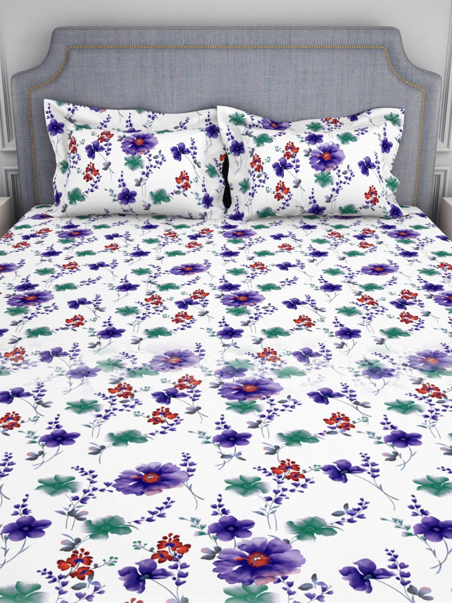 Welspun Adore Floral White 105 TC Microfiber Double Bedsheet with 2 Pillow Covers