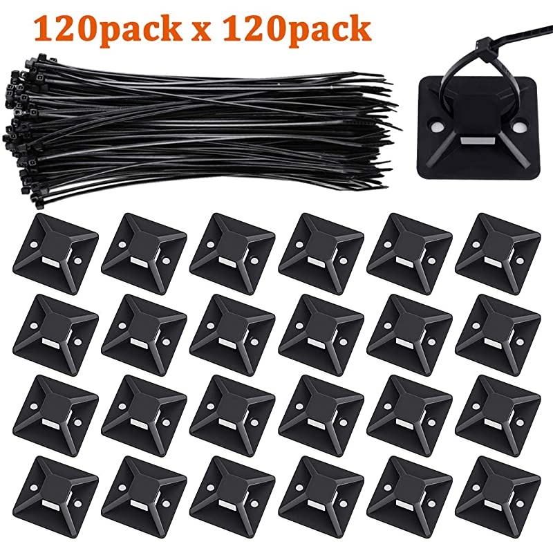 Zip Ties and Mounts,  120 Pcs 8 Inch Self-Locking Nylon Cable Ties with 120 Pcs Adhesive-Backed Mounts Screw Hole Anchor Wire Tie Base(1.1" x 1.1"), Black