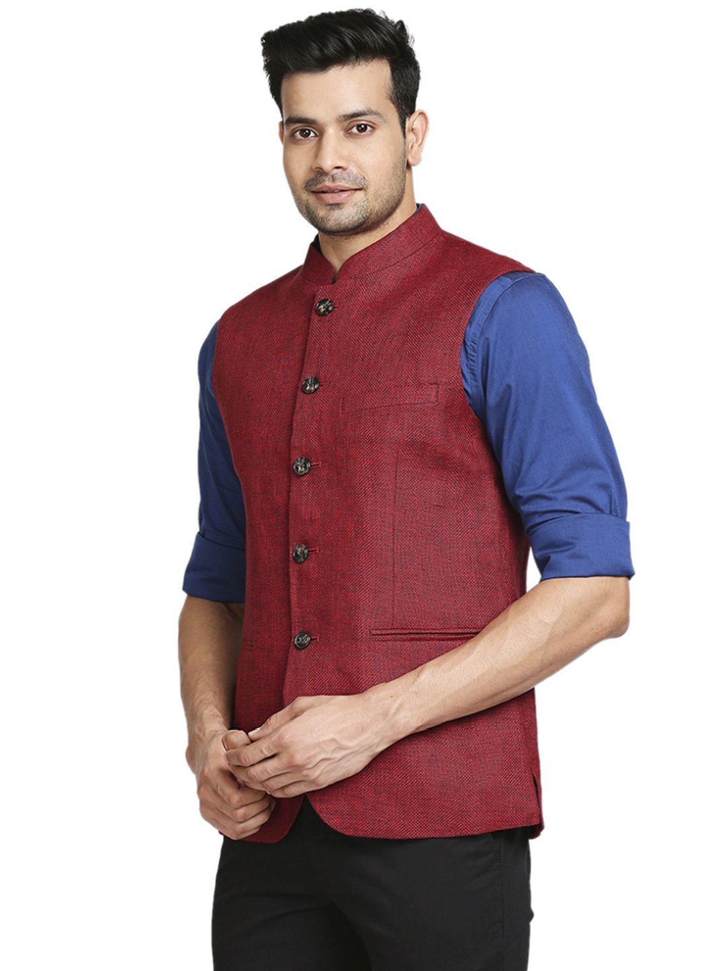 Colorplus Dark Red Tailored Fit Self Pattern Nehru Jacket
