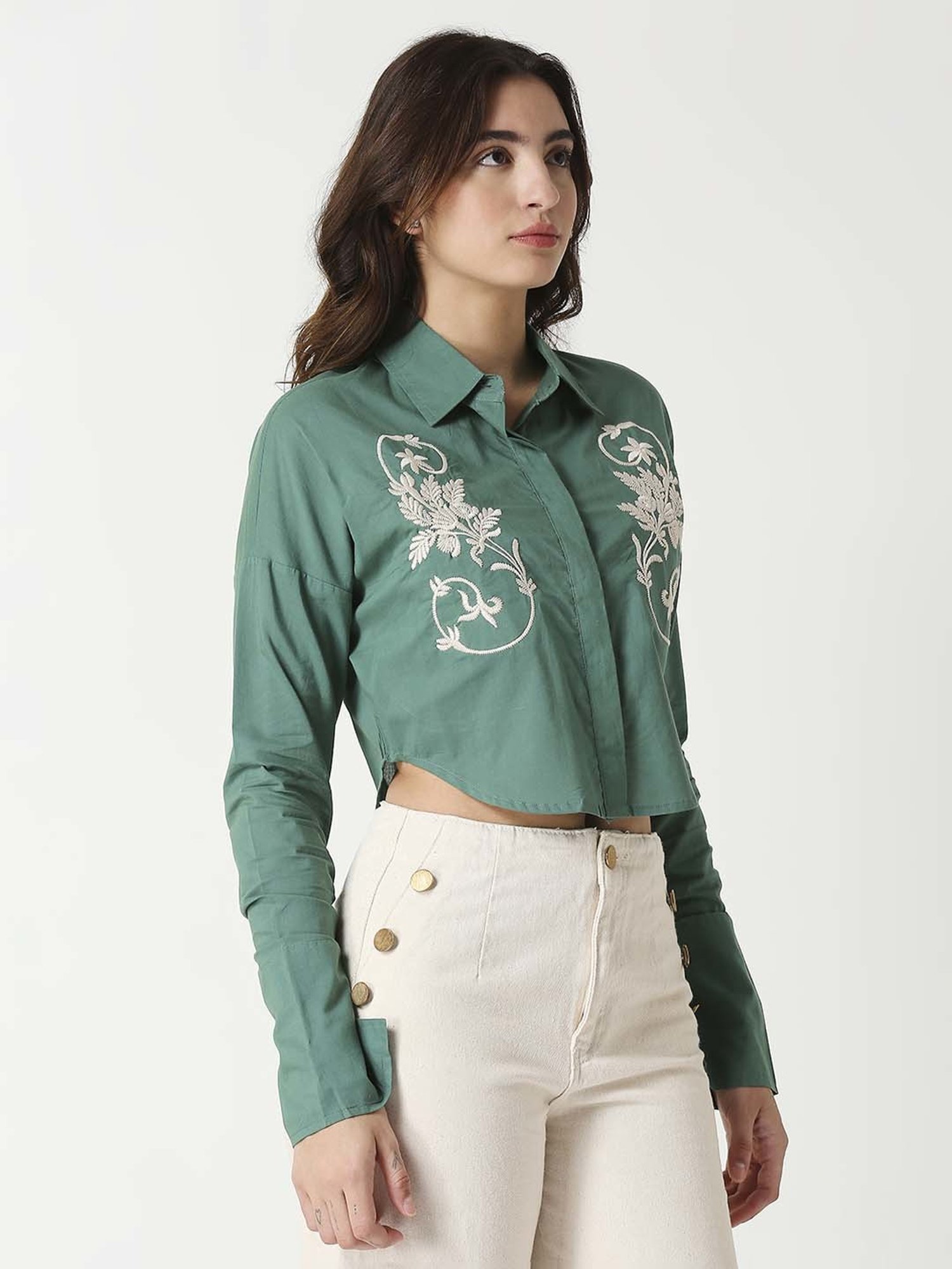 Remanika Green Cotton Embroidered Shirt