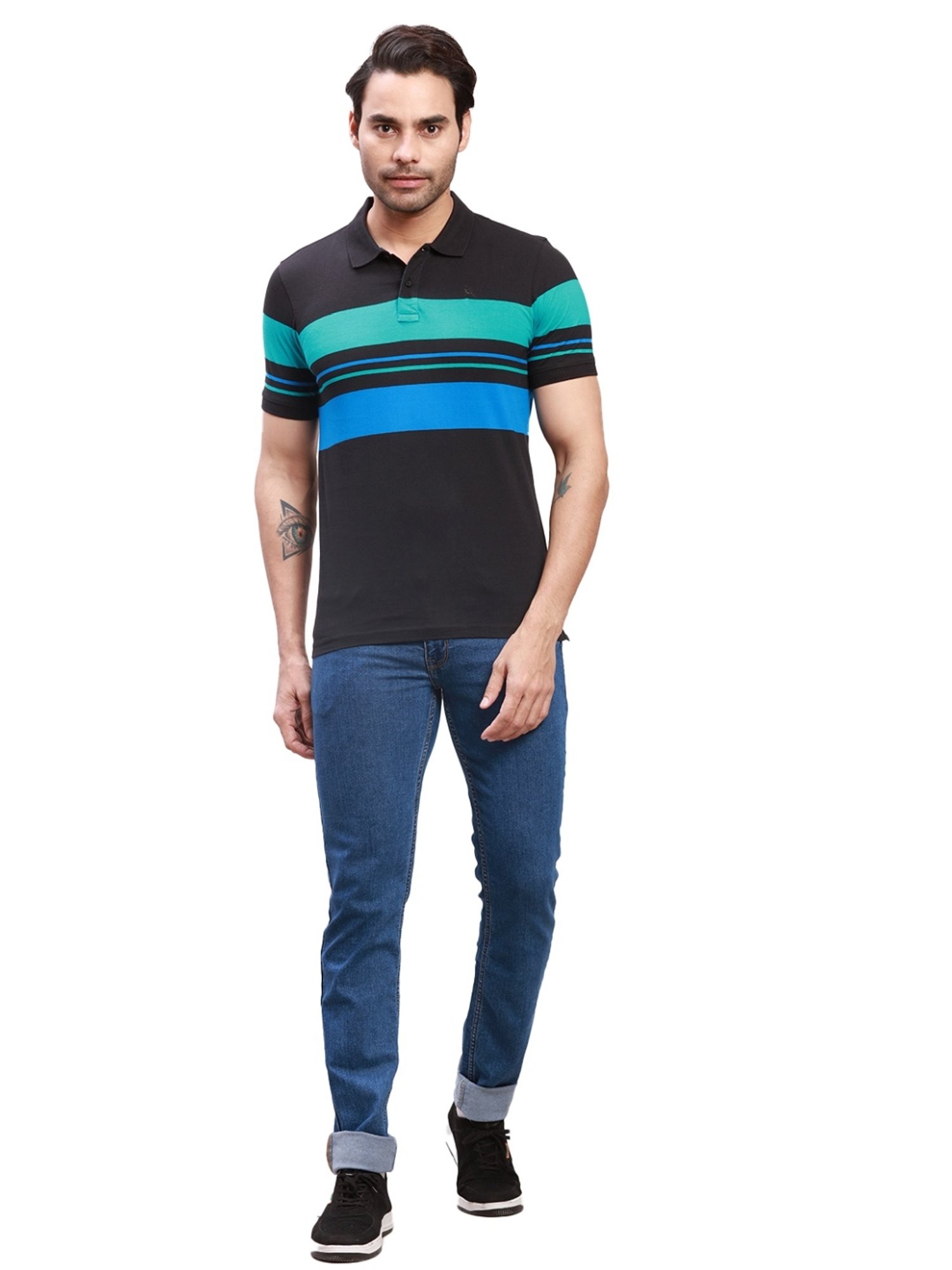 Parx Black Cotton Regular Fit Colour Block Polo T-Shirt