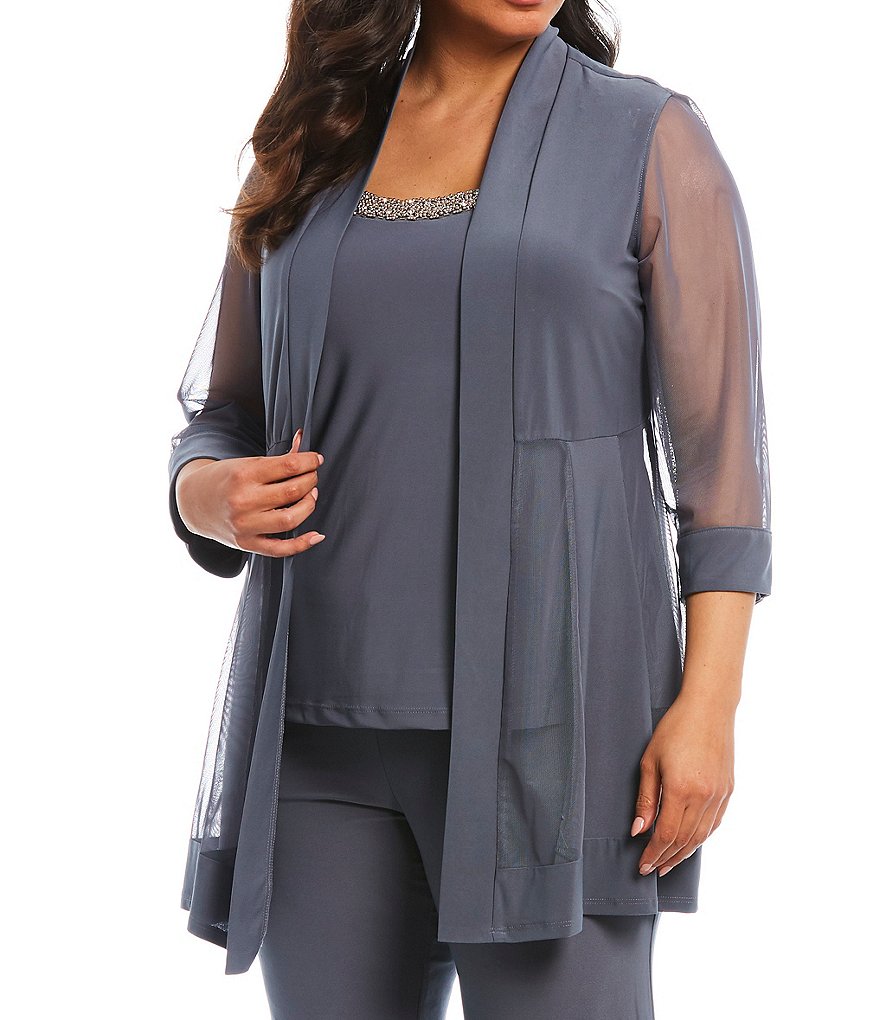 R & M Richards Plus Size Scoop Neck 3/4 Sleeve Beaded Detail Top & Sheer Knit Jacket 2-Piece Pull-On Pant Set