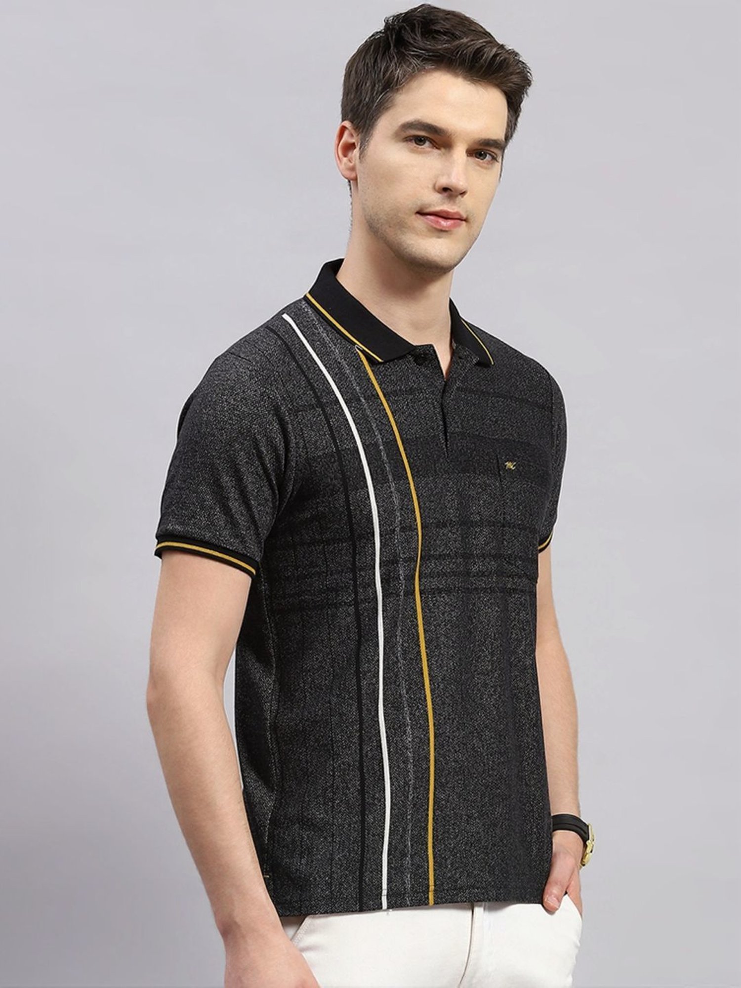 Monte Carlo Black Regular Fit Striped Polo T-Shirt