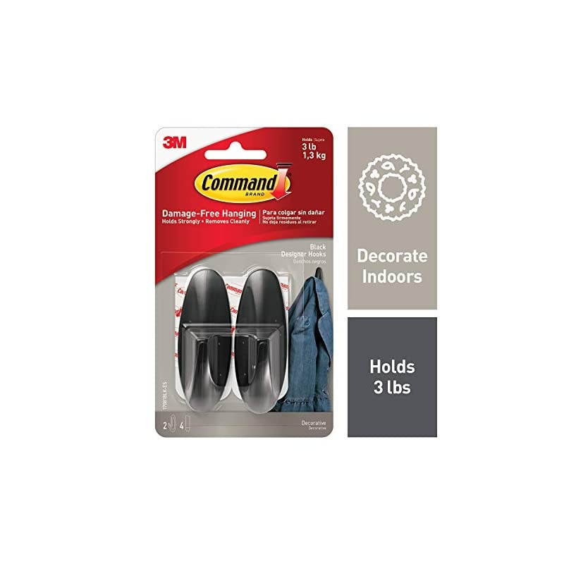 Medium Designer Hooks, Black, 2-Hooks, 4-Strips, Decorate Damage-Free