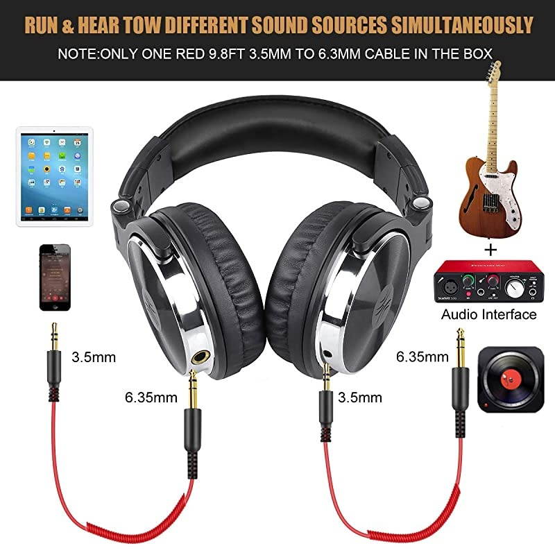 Wired Over Ear Headphones Studio Monitor Mixing DJ Stereo Headsets with 50mm Neodymium Drivers and 14 to 35mm Audio Jack for AMP Computer Recording Phone Piano Guitar Laptop Black
