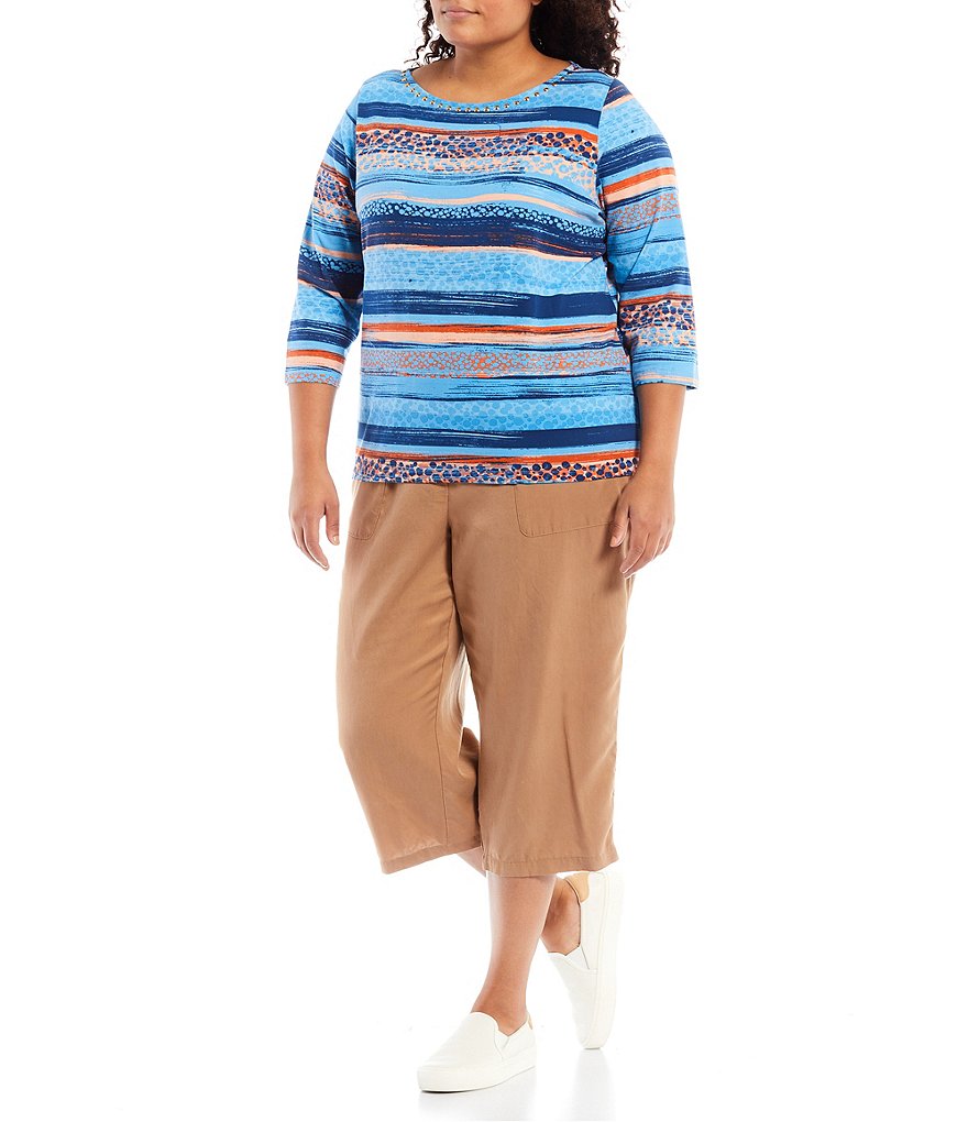 Ruby Rd. Plus Size Embellished Round Neck Spotted Brushstroke Stripe Print Knit Jersey 3/4 Sleeve Top