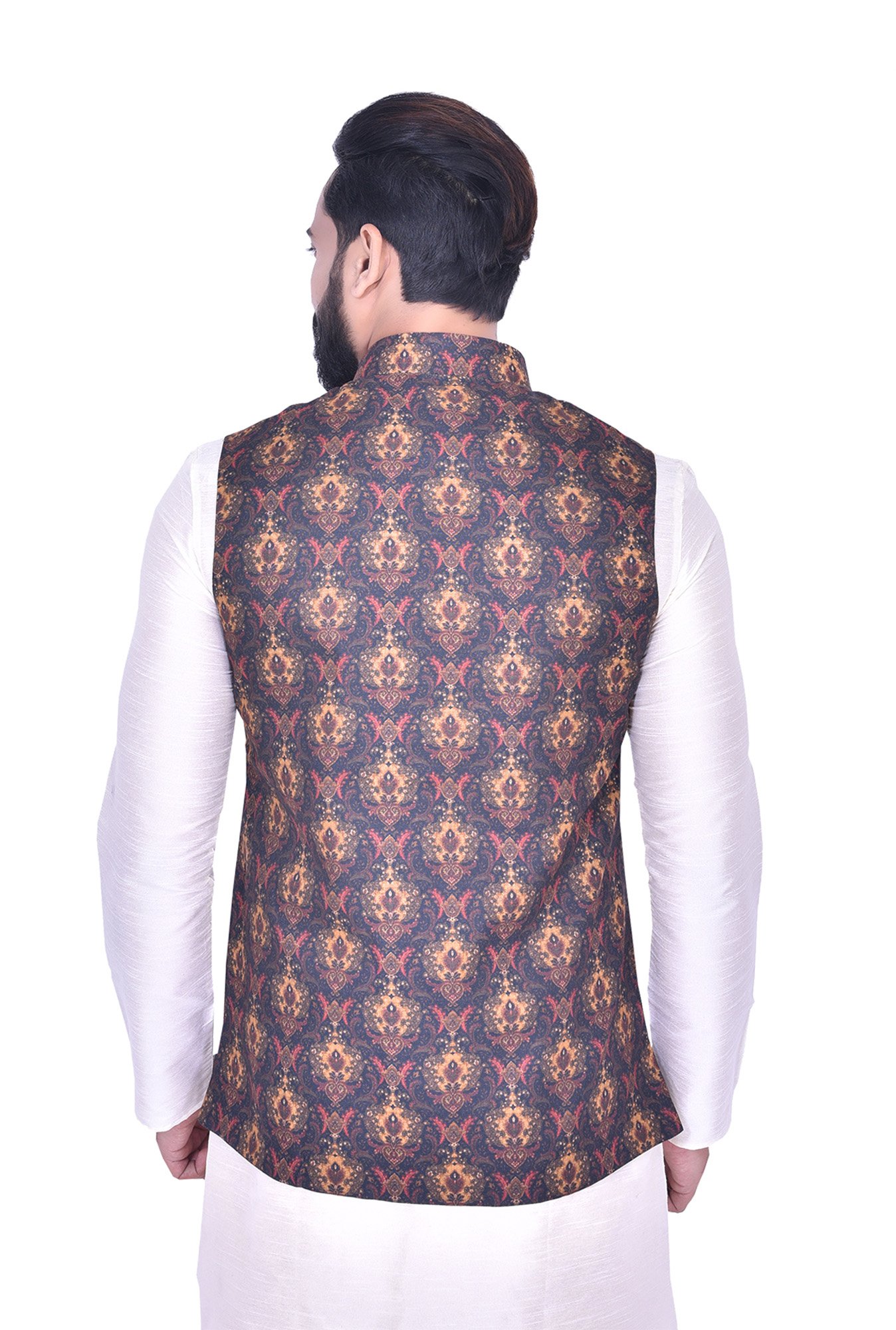 Manyavar Blue & Yellow Printed Ethnic Jacket