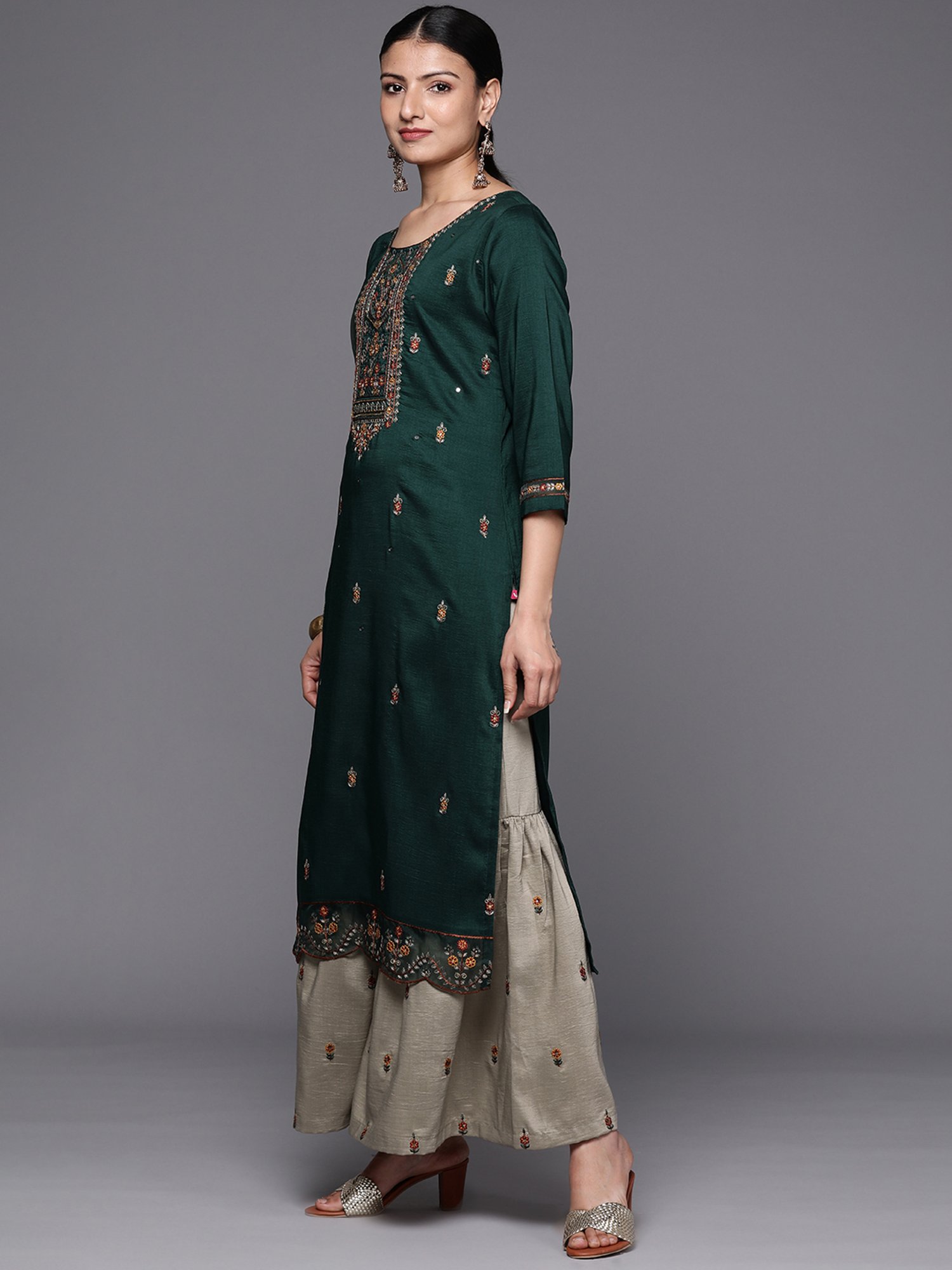 Varanga Green & Grey Embroidered Kurta Palazzo Set With Dupatta