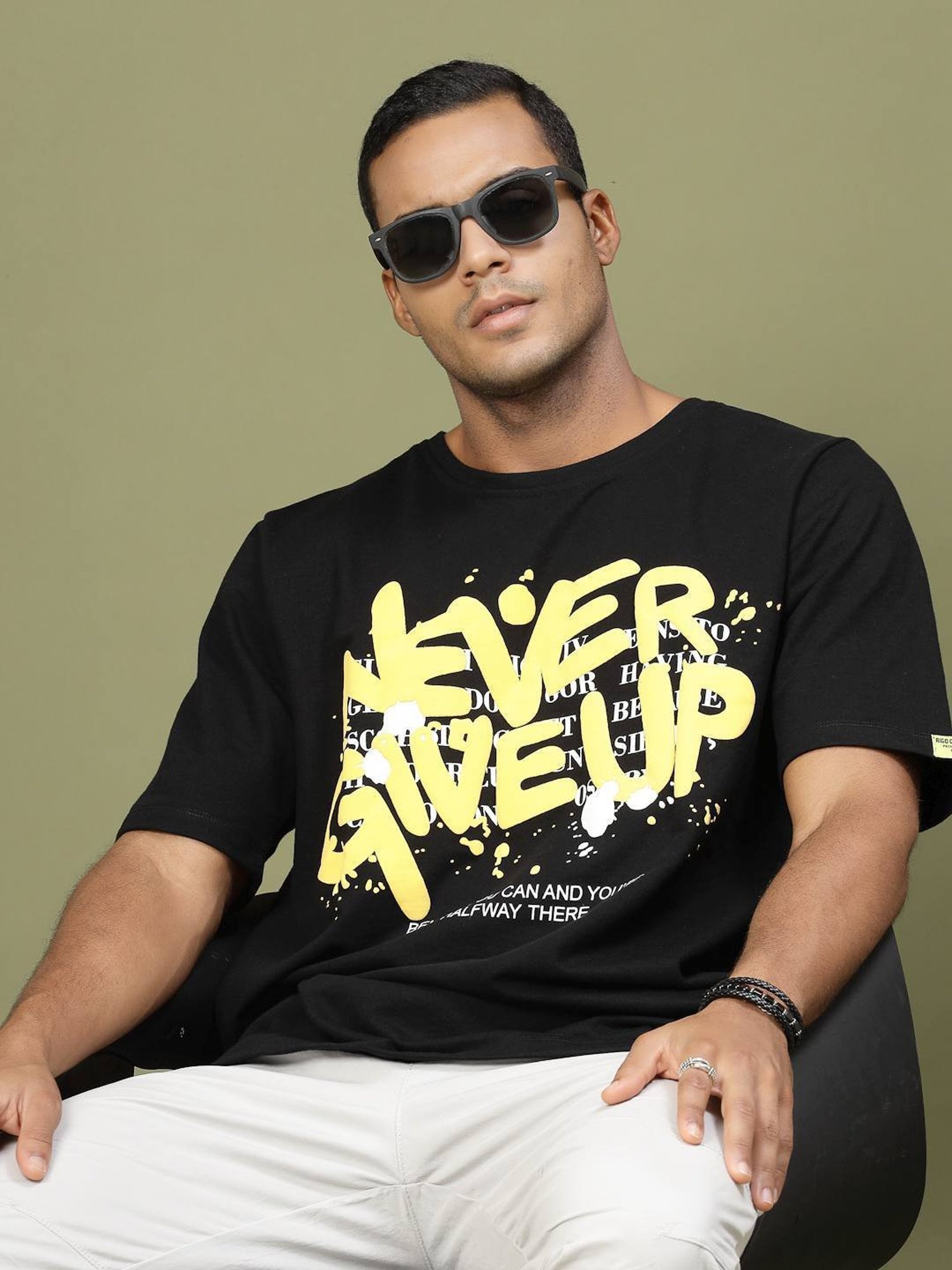 Rigo Black Cotton Loose Fit Typography T-Shirt