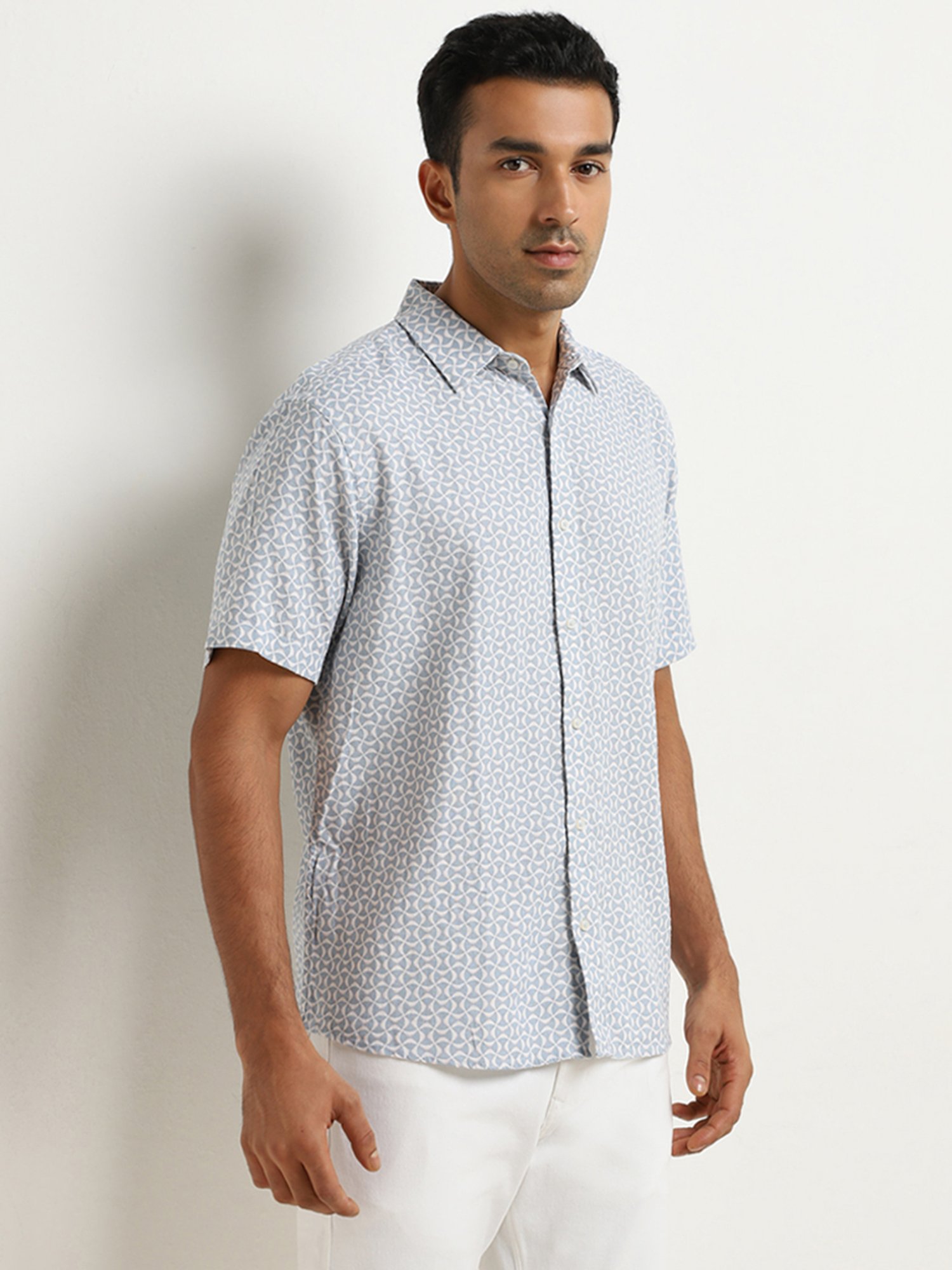 Ascot by Westside Blue Geometric Print Relaxed-Fit Blended Linen Shirt